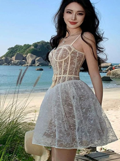 Robe de soirée sexy, bretelles spaghetti, dentelle blanche, courte, mini, cocktail, bal de promo N4026