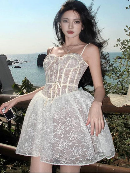 Robe de soirée sexy, bretelles spaghetti, dentelle blanche, courte, mini, cocktail, bal de promo N4026