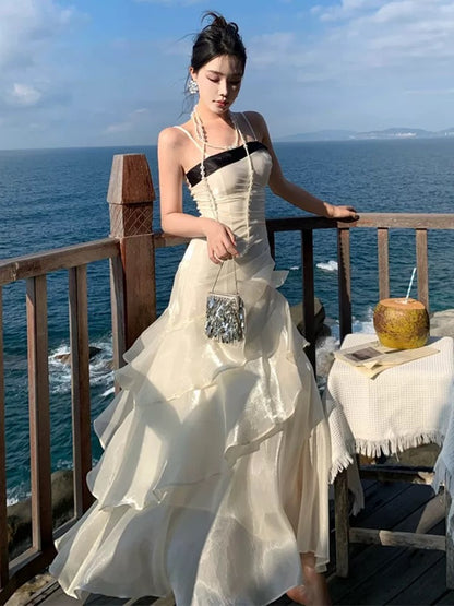 Robe de sirène à fines bretelles blanche, longueur ras du sol, tenue élégante pour le 21e anniversaire, robes d'invitée pour mariage d'été N4031