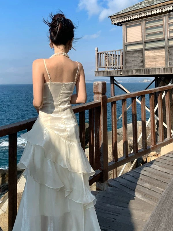 Robe de sirène à fines bretelles blanche, longueur ras du sol, tenue élégante pour le 21e anniversaire, robes d'invitée pour mariage d'été N4031