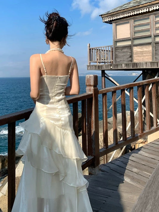 Mermaid Spaghetti Strap White Floor Length 21st Birthday Elegant Outfit Summer Wedding Guest Dresses N4031