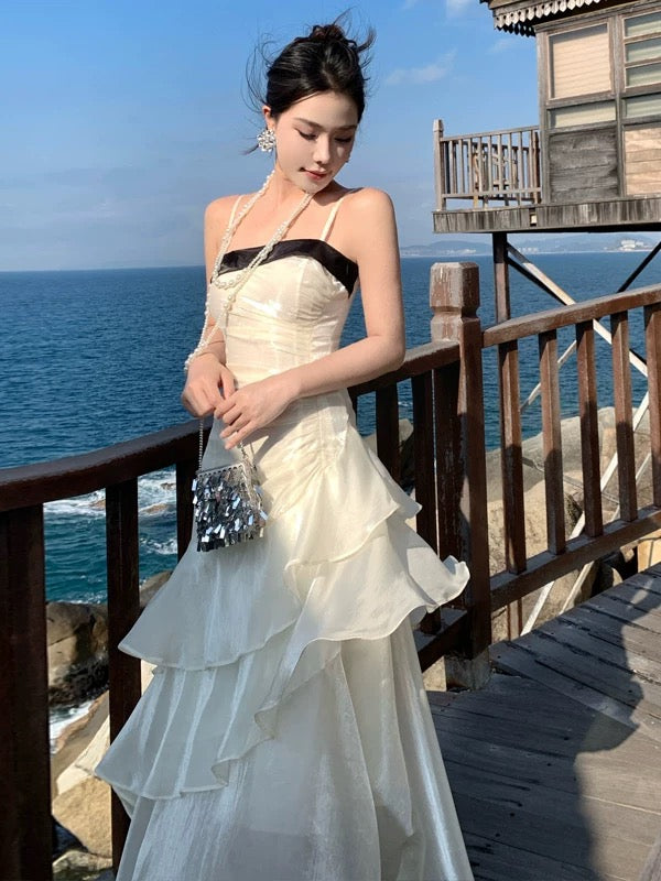 Robe de sirène à fines bretelles blanche, longueur ras du sol, tenue élégante pour le 21e anniversaire, robes d'invitée pour mariage d'été N4031