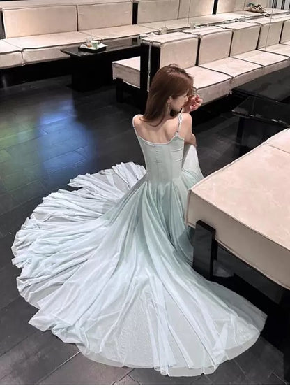 Robe trapèze sexy en mousseline vert menthe à col carré pour le 18e anniversaire, tenue élégante, robes d'invitée pour mariage d'été N4034