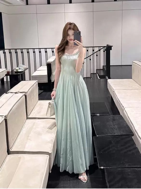 Robe trapèze sexy en mousseline vert menthe à col carré pour le 18e anniversaire, tenue élégante, robes d'invitée pour mariage d'été N4034