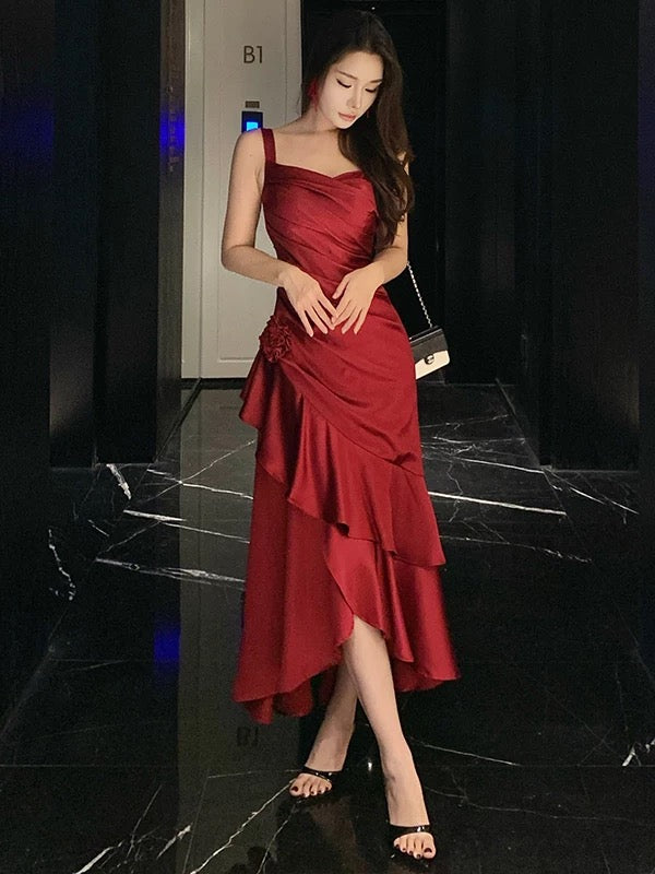 Meerjungfrau Spaghetti-Träger Burgund Knöchellang 21. Geburtstag Elegantes Outfit Sommer Hochzeitsgastkleider N4035