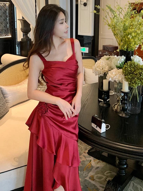 Meerjungfrau Spaghetti-Träger Burgund Knöchellang 21. Geburtstag Elegantes Outfit Sommer Hochzeitsgastkleider N4035