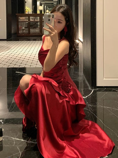 Meerjungfrau Spaghetti-Träger Burgund Knöchellang 21. Geburtstag Elegantes Outfit Sommer Hochzeitsgastkleider N4035