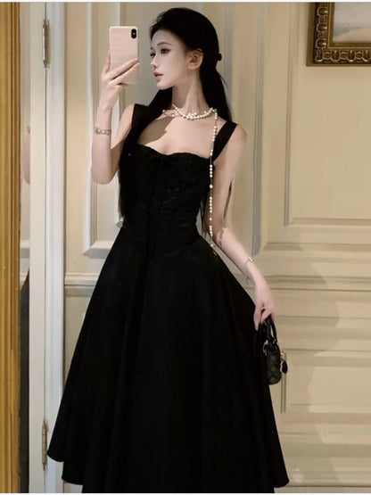 A-Linien-Kleid mit eckigem Ausschnitt, Schwarz, Teelänge, elegantes Outfit zum 21. Geburtstag, Sommer-Hochzeitsgastkleider N4036
