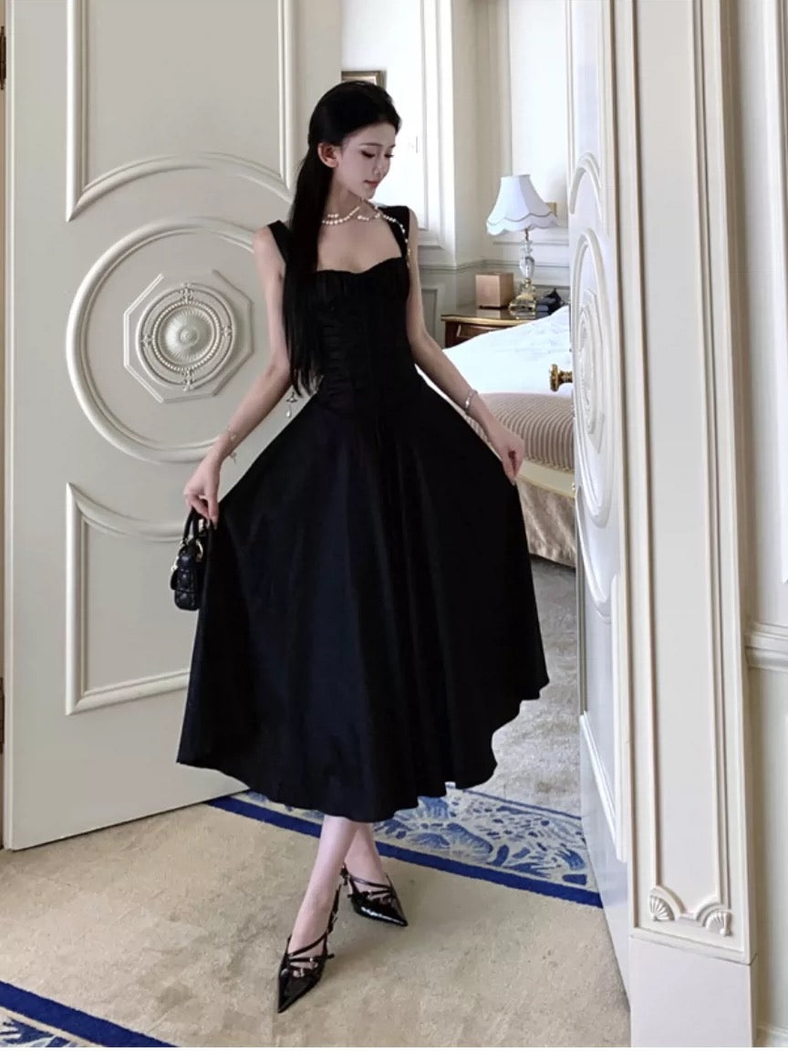 A-Linien-Kleid mit eckigem Ausschnitt, Schwarz, Teelänge, elegantes Outfit zum 21. Geburtstag, Sommer-Hochzeitsgastkleider N4036