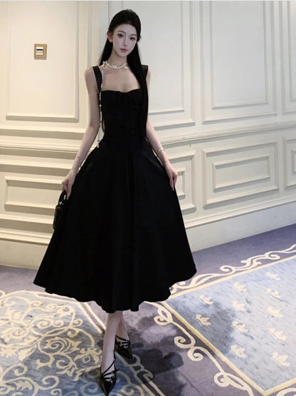 A-Linien-Kleid mit eckigem Ausschnitt, Schwarz, Teelänge, elegantes Outfit zum 21. Geburtstag, Sommer-Hochzeitsgastkleider N4036