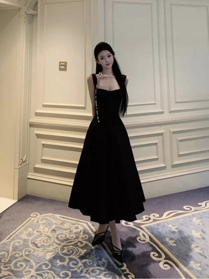 A-Linien-Kleid mit eckigem Ausschnitt, Schwarz, Teelänge, elegantes Outfit zum 21. Geburtstag, Sommer-Hochzeitsgastkleider N4036