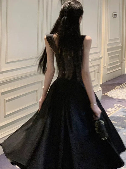 A-Linien-Kleid mit eckigem Ausschnitt, Schwarz, Teelänge, elegantes Outfit zum 21. Geburtstag, Sommer-Hochzeitsgastkleider N4036