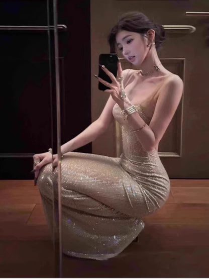Sexy Meerjungfrauen-Spaghettiträger-Pailletten-Rückenfreies Kleid zum 18. Geburtstag, elegantes Outfit, Sommer-Hochzeitsgastkleider N4037