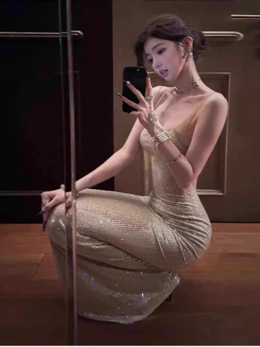 Sexy Mermaid Spaghetti Strap Sequin Backless 18th Birthday Elegant Outfit Summer Wedding Guest Dresses N4037
