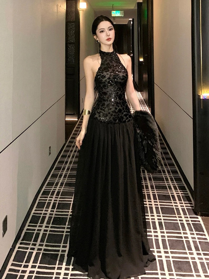 Sexy A-Linie Neckholder Schwarz Pailletten tief sitzende Taille Bodenlang 21. Geburtstag Elegantes Outfit Sommer Hochzeitsgast Kleider N4038