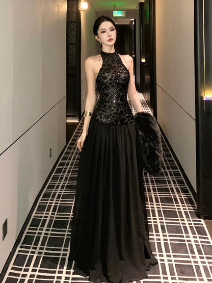 Sexy A-Linie Neckholder Schwarz Pailletten tief sitzende Taille Bodenlang 21. Geburtstag Elegantes Outfit Sommer Hochzeitsgast Kleider N4038