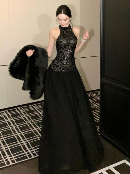 Sexy A-Linie Neckholder Schwarz Pailletten tief sitzende Taille Bodenlang 21. Geburtstag Elegantes Outfit Sommer Hochzeitsgast Kleider N4038