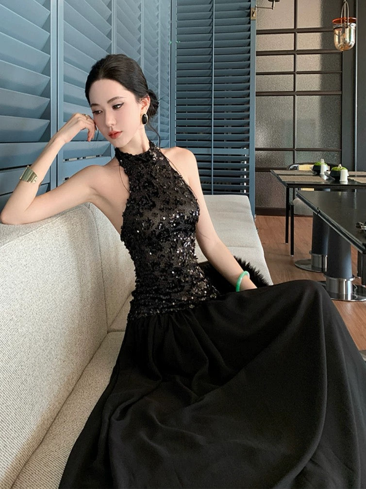 Sexy A-Linie Neckholder Schwarz Pailletten tief sitzende Taille Bodenlang 21. Geburtstag Elegantes Outfit Sommer Hochzeitsgast Kleider N4038
