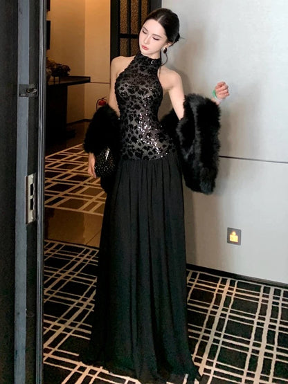 Sexy A-Linie Neckholder Schwarz Pailletten tief sitzende Taille Bodenlang 21. Geburtstag Elegantes Outfit Sommer Hochzeitsgast Kleider N4038