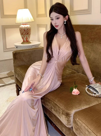 Robe de sirène sexy, col en V, rose, dos nu, pour 18e anniversaire, élégante, pour invitée de mariage estival N4039