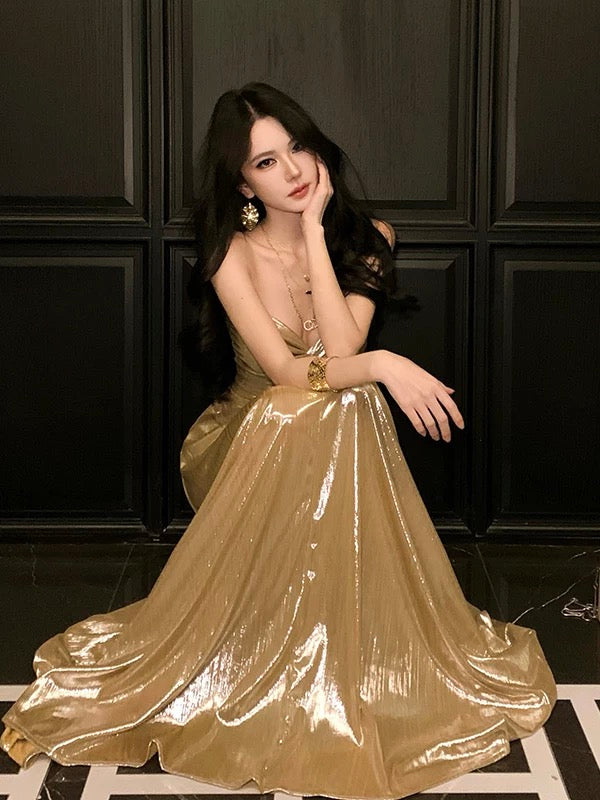 Robe de soirée sexy évasée en forme de cœur à paillettes dorées, tenue élégante pour 18e anniversaire, robes d'invitée de mariage d'été N4041