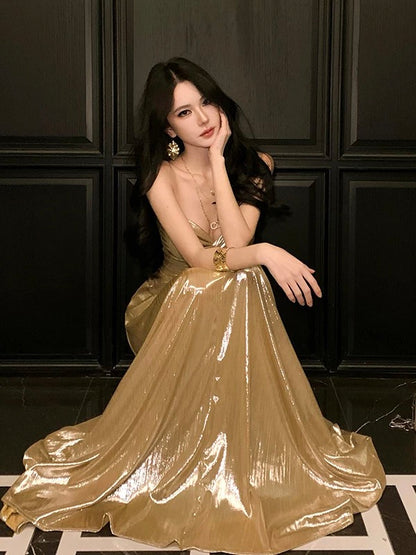 Robe de soirée sexy évasée en forme de cœur à paillettes dorées, tenue élégante pour 18e anniversaire, robes d'invitée de mariage d'été N4041