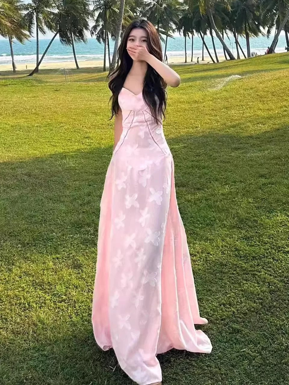Élégantes Robes de Bal Longues Ligne A avec Bretelles Fines Rose Dentelle Robe de Soirée Formelle Longue N4042