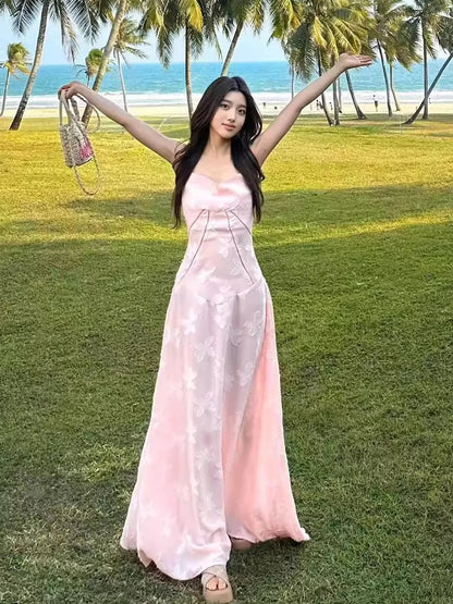 Élégantes Robes de Bal Longues Ligne A avec Bretelles Fines Rose Dentelle Robe de Soirée Formelle Longue N4042