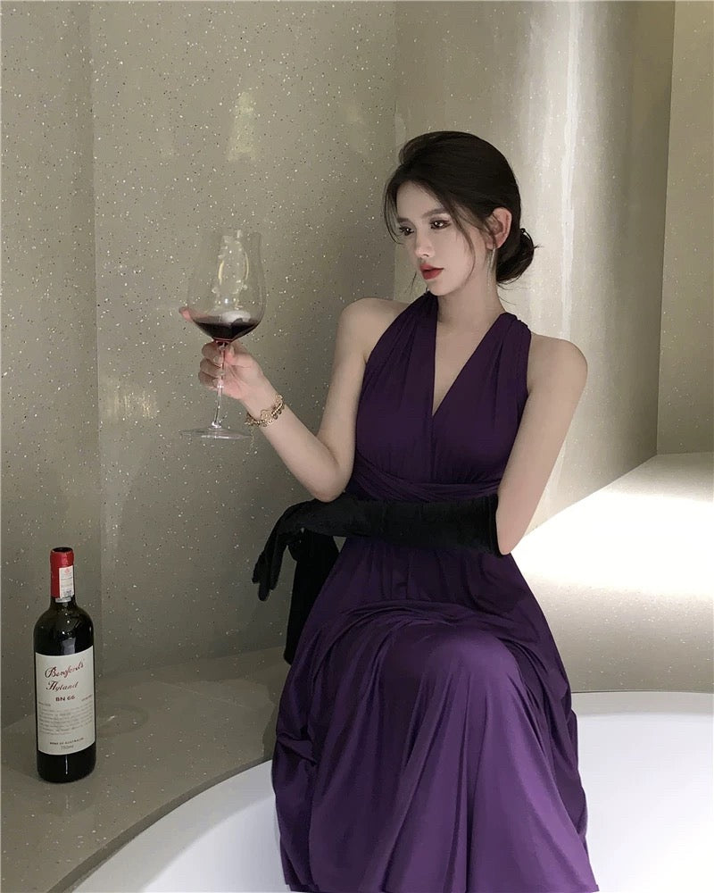 Sexy A-Linien Neckholder-Kleid aus Chiffon in Lila, rückenfrei, elegantes Outfit zum 18. Geburtstag, Sommerkleid für Hochzeitsgäste N4044