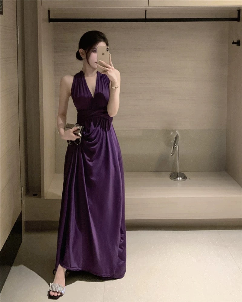 Sexy A-Linien Neckholder-Kleid aus Chiffon in Lila, rückenfrei, elegantes Outfit zum 18. Geburtstag, Sommerkleid für Hochzeitsgäste N4044