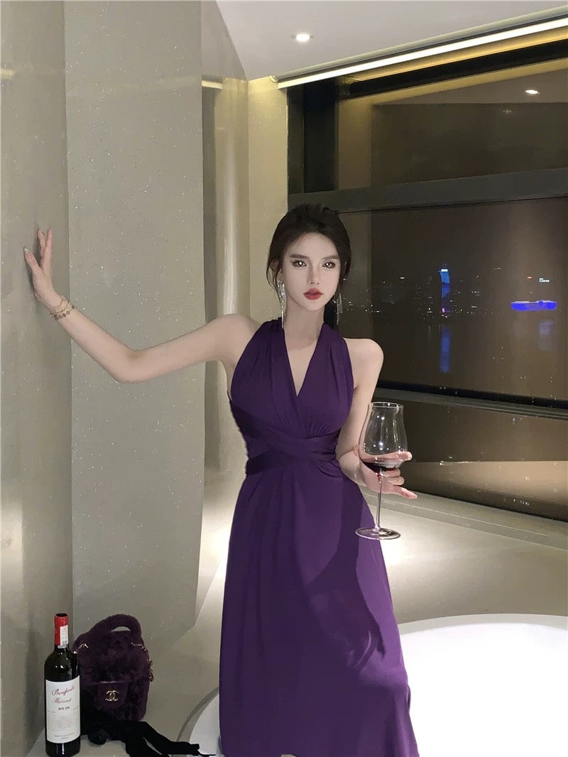 Sexy A-Linien Neckholder-Kleid aus Chiffon in Lila, rückenfrei, elegantes Outfit zum 18. Geburtstag, Sommerkleid für Hochzeitsgäste N4044