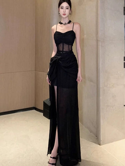 Sexy Meerjungfrau Spaghettiträger Schwarze Krawatte 18. Geburtstag Elegantes Outfit Sommer Hochzeitsgastkleider N4045