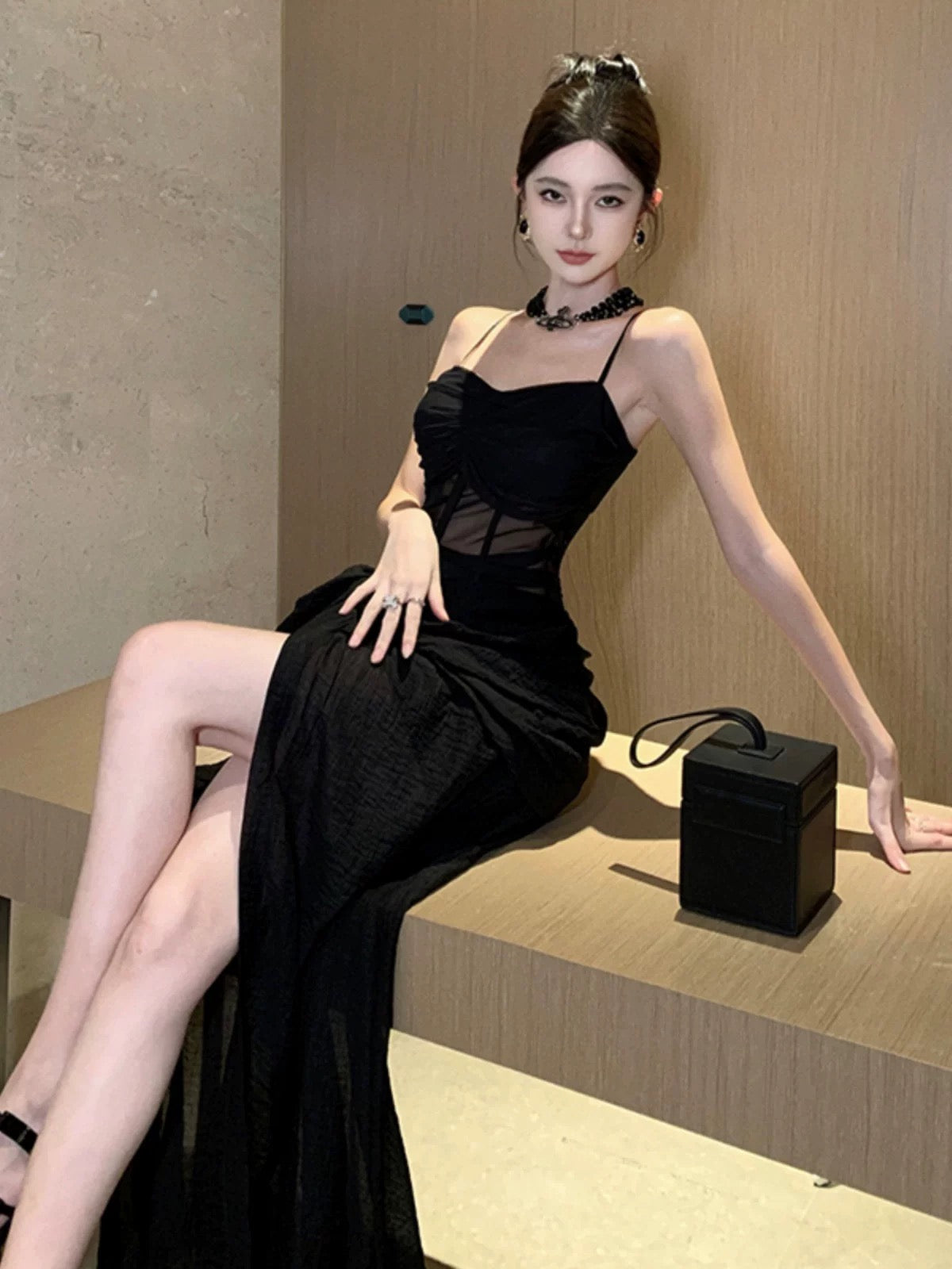 Sexy Meerjungfrau Spaghettiträger Schwarze Krawatte 18. Geburtstag Elegantes Outfit Sommer Hochzeitsgastkleider N4045