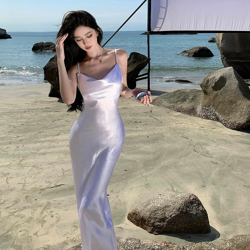 Robe sirène sexy lilas à fines bretelles pour le 18e anniversaire Tenue élégante Robe de cocktail mi-longue N4049