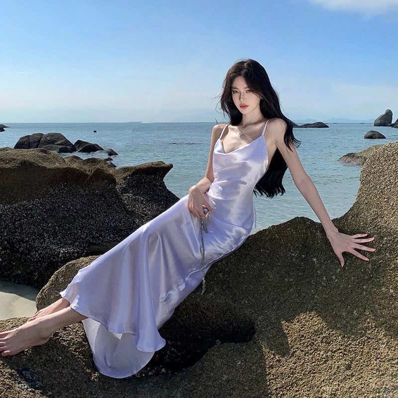 Robe sirène sexy lilas à fines bretelles pour le 18e anniversaire Tenue élégante Robe de cocktail mi-longue N4049