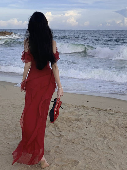 Robe sirène à fines bretelles en mousseline bordeaux élégante pour 18ème anniversaire, longueur genou, pour invitée de mariage N4050