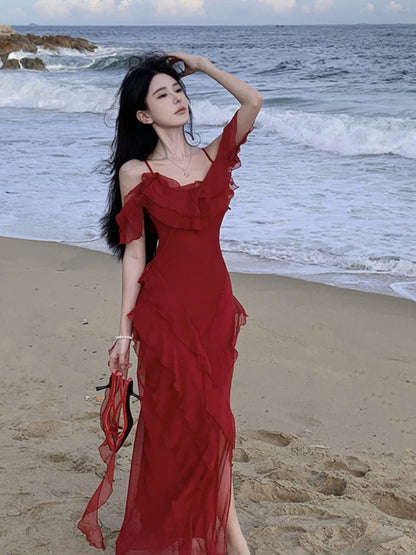 Robe sirène à fines bretelles en mousseline bordeaux élégante pour 18ème anniversaire, longueur genou, pour invitée de mariage N4050