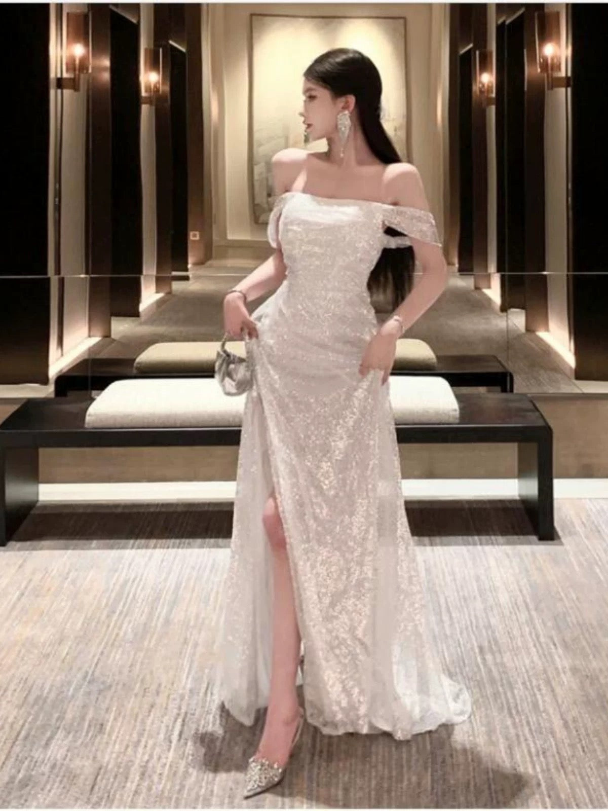 Sexy Mermaid Off The Shoulder White Sequin 21st Birthday Elegant Outfit Summer Wedding Guest Dresses N4051