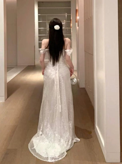 Sexy Mermaid Off The Shoulder White Sequin 21st Birthday Elegant Outfit Summer Wedding Guest Dresses N4051