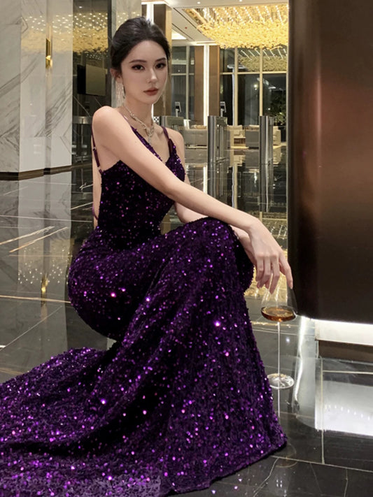 Mermaid Spaghetti Strap Purple Sequin 18th Birthday Elegant Outfit Long Prom Wedding Guest Dresses N4052