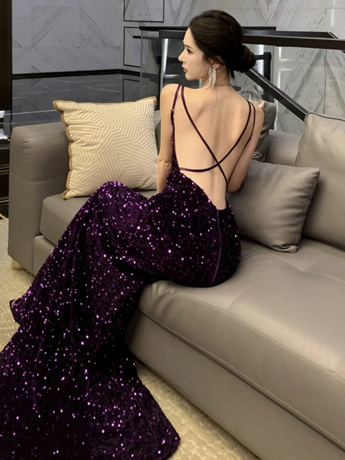 Mermaid Spaghetti Strap Purple Sequin 18th Birthday Elegant Outfit Long Prom Wedding Guest Dresses N4052