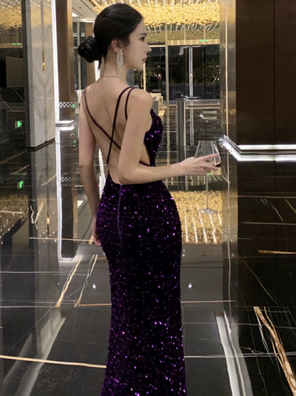 Mermaid Spaghetti Strap Purple Sequin 18th Birthday Elegant Outfit Long Prom Wedding Guest Dresses N4052