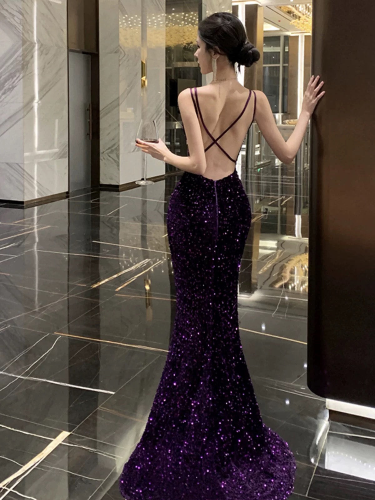 Mermaid Spaghetti Strap Purple Sequin 18th Birthday Elegant Outfit Long Prom Wedding Guest Dresses N4052