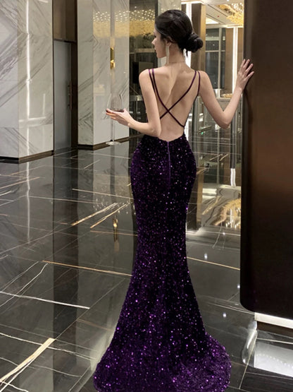 Mermaid Spaghetti Strap Purple Sequin 18th Birthday Elegant Outfit Long Prom Wedding Guest Dresses N4052