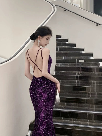 Mermaid Spaghetti Strap Purple Sequin 18th Birthday Elegant Outfit Long Prom Wedding Guest Dresses N4052