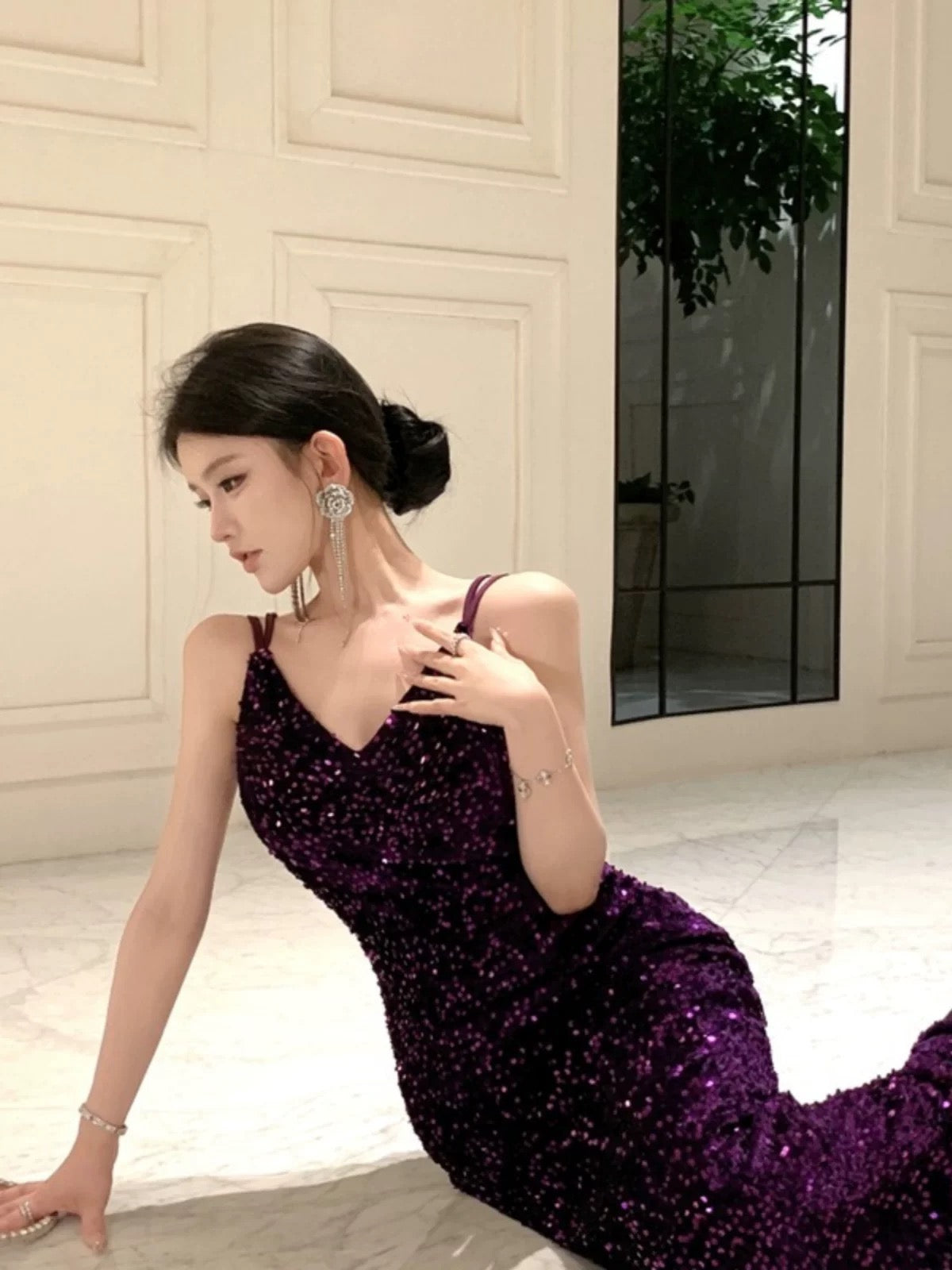 Mermaid Spaghetti Strap Purple Sequin 18th Birthday Elegant Outfit Long Prom Wedding Guest Dresses N4052