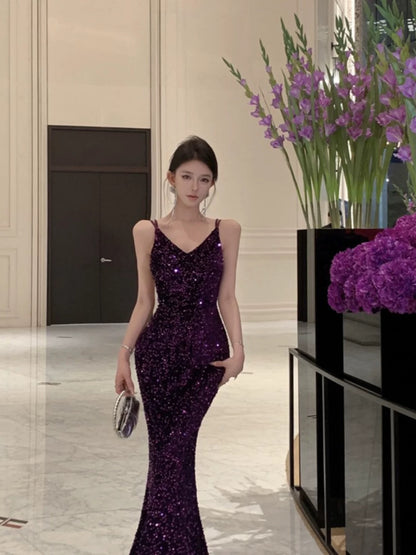 Mermaid Spaghetti Strap Purple Sequin 18th Birthday Elegant Outfit Long Prom Wedding Guest Dresses N4052