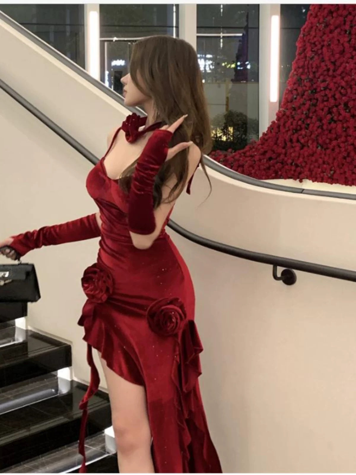 Robe de soirée élégante sirène à fines bretelles bordeaux pour 18e anniversaire, invitée de mariage N4053