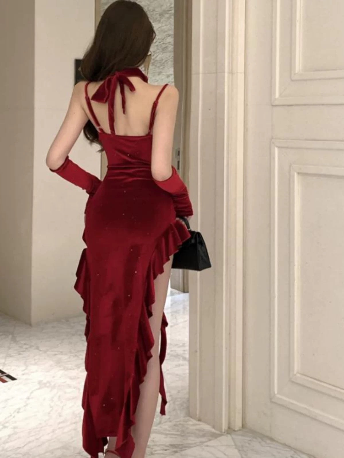 Robe de soirée élégante sirène à fines bretelles bordeaux pour 18e anniversaire, invitée de mariage N4053