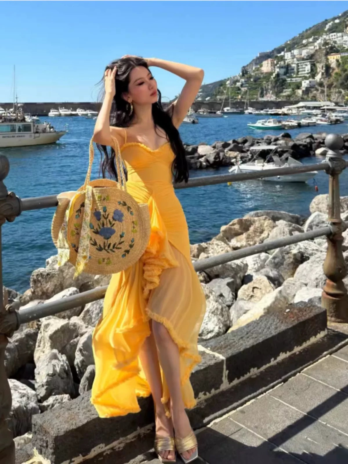 Robe de Soirée Élégante Sirène Jaune Chiffon Bretelles Fines 18ème Anniversaire Robe de Bal de Demoiselle d'Honneur N4055